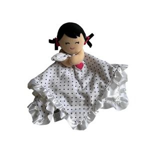 Carters Girl Doll Black Hair Polka Dot White Satin Baby Security Blanket Lovey